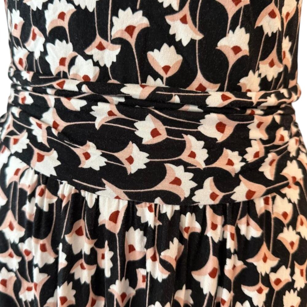 Boden Maisie Matte Jersey Midi Dress Black Floral Handkerchief Hem Ruched Size 8 - Picture 8 of 12